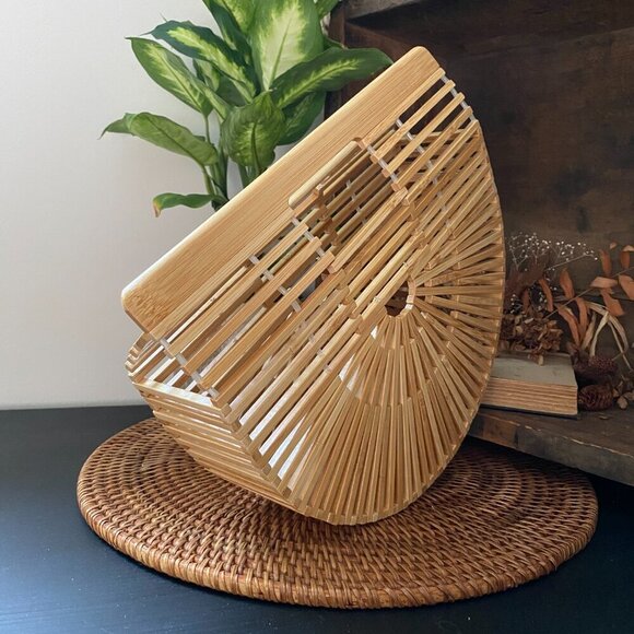 Vintage Ark Basket clutch wood mini half circle bag - Picture 3 of 7